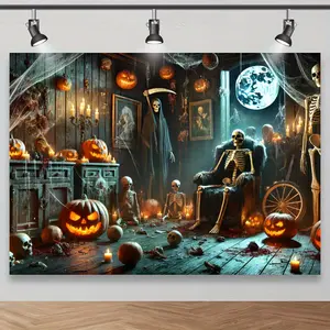 Vintage Halloween Photography Backdrop, Skull Pumpkin Candle Haunted House Design, Perfect for Horror Theme Photoshoots & Party Decorations