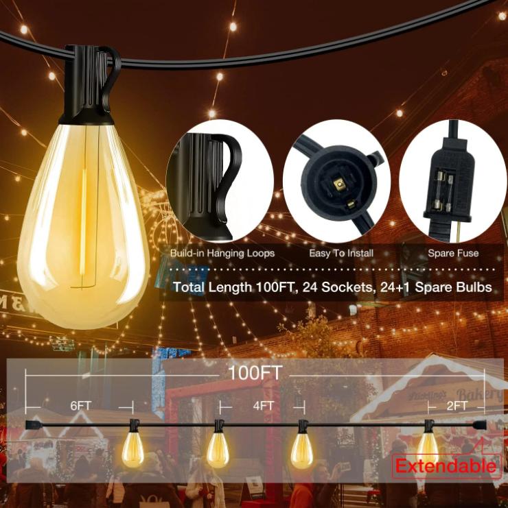 DAYBETTER Outdoor String Lights, S14 LED Patio Lights with Edison Vintage Bulbs, for Porch Backyard Bistro, Shatterproof for Christmas decorations.