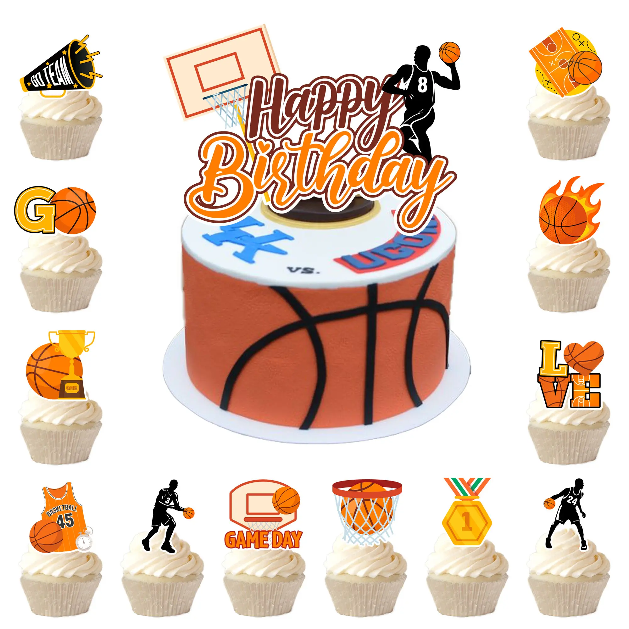 Basketball Cake Topper, 24 Pcs Basketball Cupcake Toppers/Basketball Party Cupcake Toppers & 1 Pcs Basketball Cake Decorations Basketball Birthday Cake Topper for Basketball Party Decorations Supplies