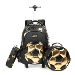 Cool Metallic Soccer Backpack with Wheels 3-in-1 Set | Shiny Boys Sport School Bag with Insulated Lunch Tote & Pencil Pouch | Football Wheeled Bookbag for Kids Gift