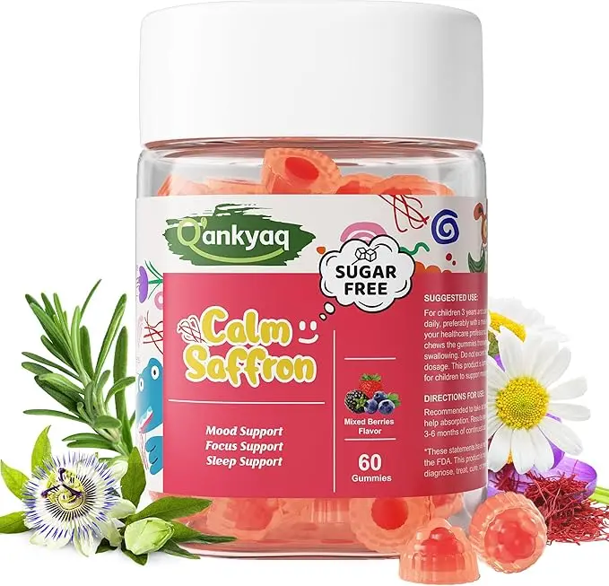 Q'ankyaq Saffron Gummies , Mood and Focus Gummies , Gentle Saffron Supplements Without st John, with Rosemary, Passion Flower Extract, Chamomile Extract - Sugar-Free, No Melatonin, 60 Cts