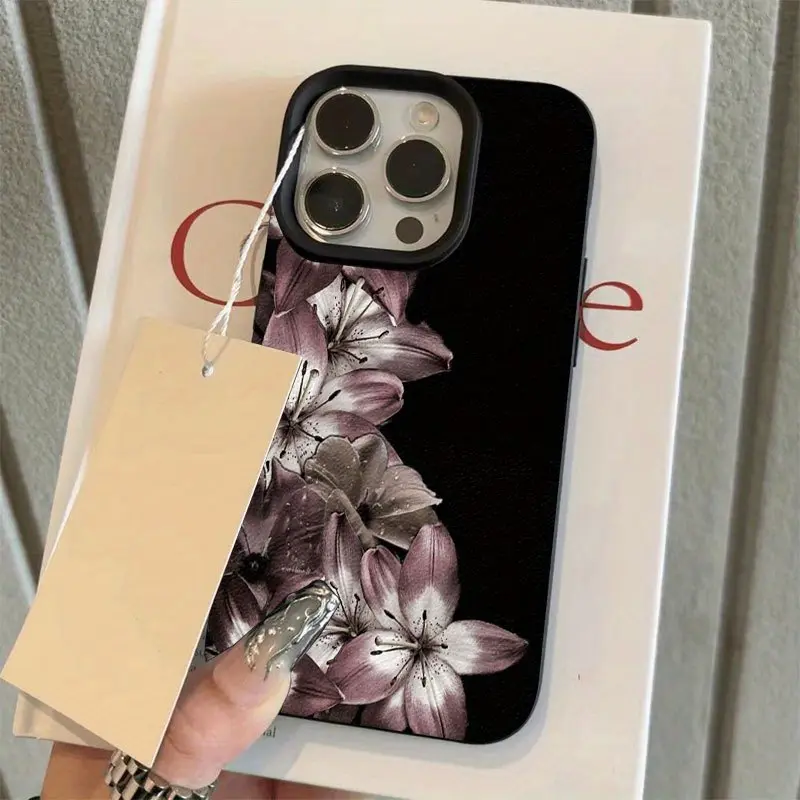 Dark Purple Lily Pattern TPU Plastic Casing - Elegant Minimalist High Aesthetics Shockproof Protection Cover for iPhone 16 Pro Max,15 Pro Max,16 Plus,15,13 Pro,14,12,11 Mobile Phone Accessory