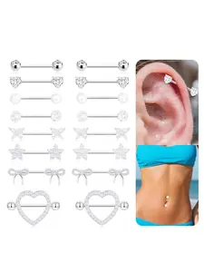 8 Pairs Nipple Rings for Women 14G Stainless Steel CZ Heart Butterfly Bow Star Pearl Barbell Nipple Bars Set Pink Nipple Body Piercing Jewelry Silver Tone