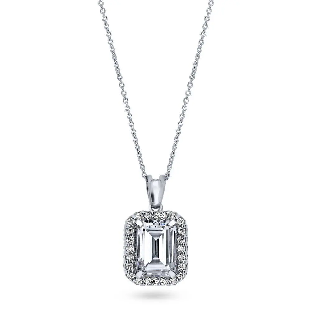 BERRICLE Sterling Silver Halo Pendant Necklace for Women, Emerald Cut Cubic Zirconia CZ 18 inch