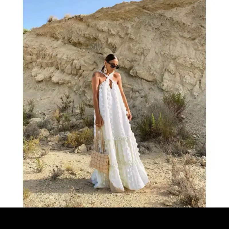 Women's Bubble Cross Flare Summer Dress - Casual Wear, Lightweight Design, Cross Neck, Elegant Maxi Style, Comfortable Summer Wear - Aesthetic red