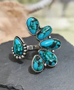Nevada Silver-Tone Faux Turquoise Flower Jade Ring - Whimsical Statement Piece, Teardrop Accent, Intricate Detailing, Turquoise Jewelry