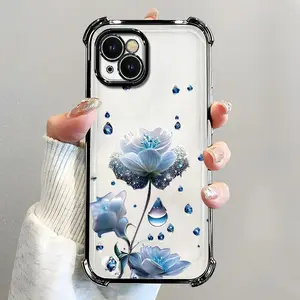 For [iPhone 13] luxury women's phone case🥰, electroplated four-corner shockproof protection, crystal clear blue flower with water drop design, sophisticated and eye-catching666