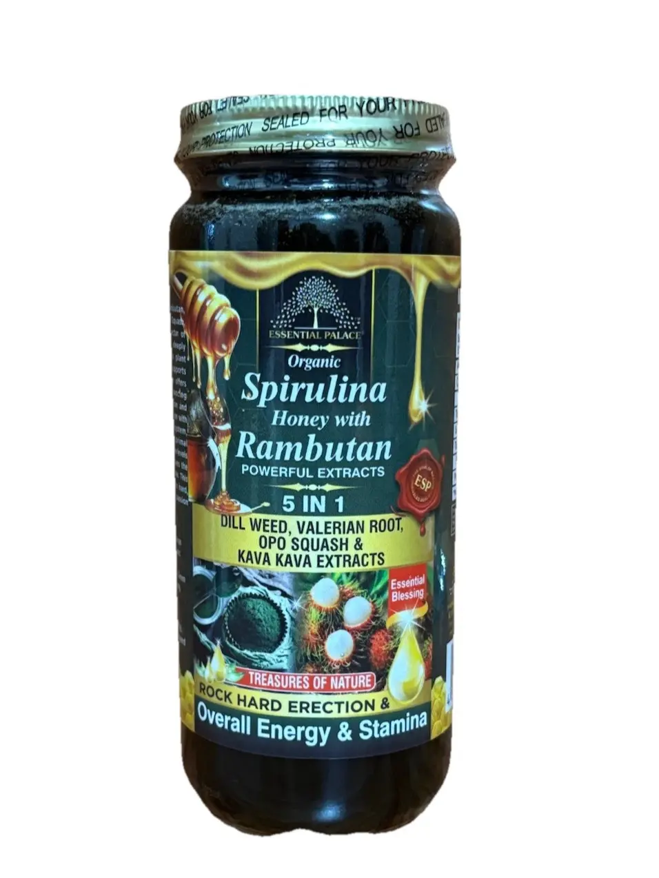 Essential Palace Organic Spirulina Honey Botanical Blend - 16 oz Halal Herbal Supplement with Licorice, Ginger, Valerian Root, Siberian Ginseng & Natural Herbs