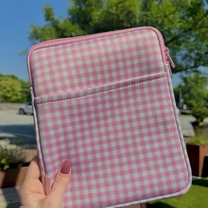 Pink Gingham E-Reader Sleeve, Medium Zip-Up Pouch for Books & Kindles, Book Protector, Bookworm Gift for Girls