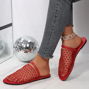 Women's Sparkly Mesh Backless Mules Rhinestone Embellished Open Toe Flat Slippers Indoor Outdoor Shoes