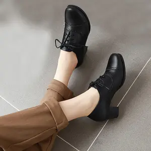 Women'S Perforated Chunky Mid Heels Oxfords Vintage Block Heeled Brogues Lace Up Wingtip Work Dress Shoes
