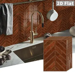 10PCS/Box GST Red Brown Herringbone PE Crystal Foam Tile Stickers, Waterproof Oil-Proof Anti-Collision for Kitchen & Bathroom