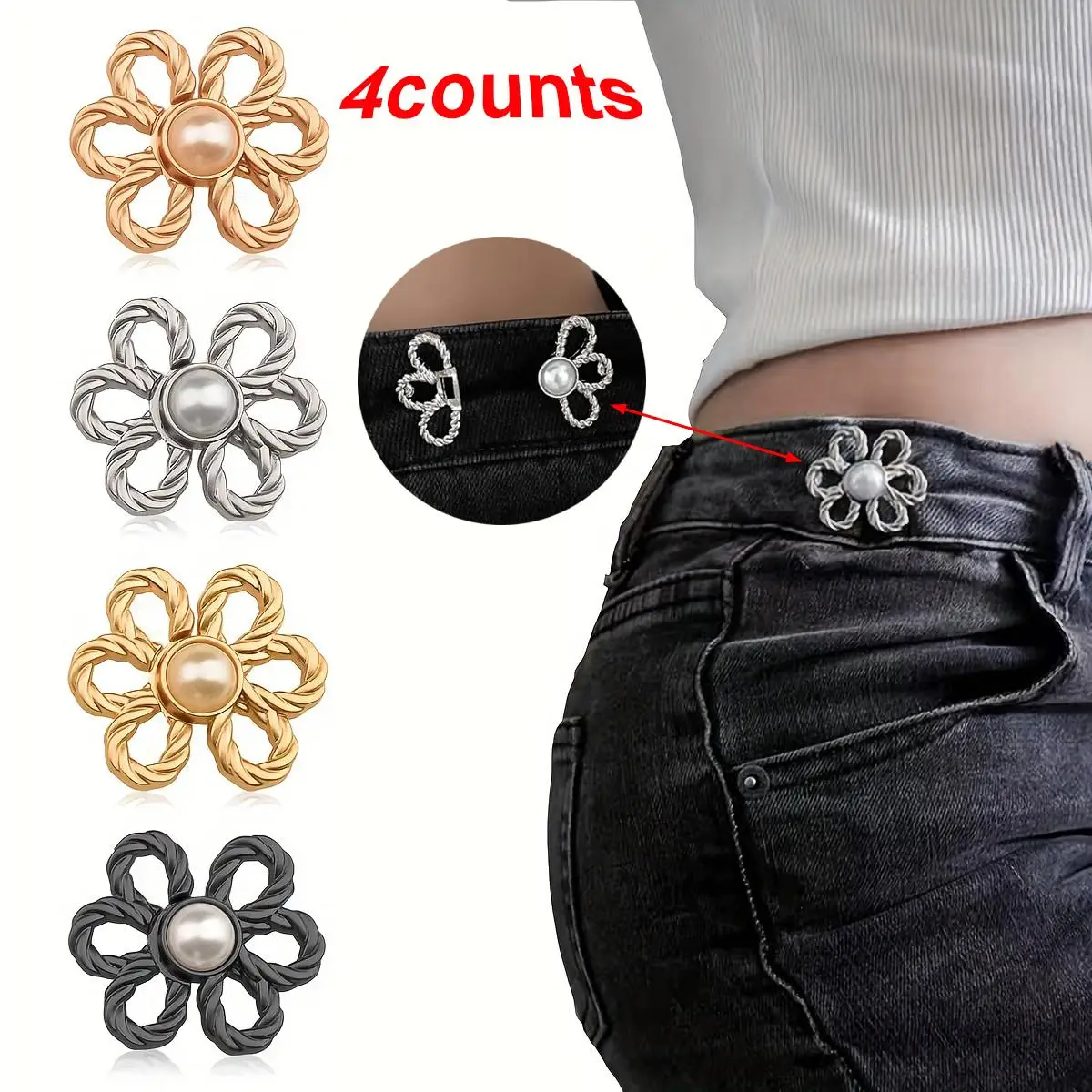 Flower Design Waistband Buckle, 4 Counts/set Adjustable Waistband Button, Detachable Decorative Waist Fastener for Jeans, Pants, Skirt, Sleeve