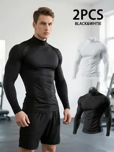 Men's 2-Pack High Neck Pullover T-Shirts, Long Sleeve, Soft and Comfortable, High Stretch, Breathable, Ideal for Casual, Sports, and Everyday Wear, Perfect Layering Piece, Gym Performance Top, Athletic Fashion Activewear