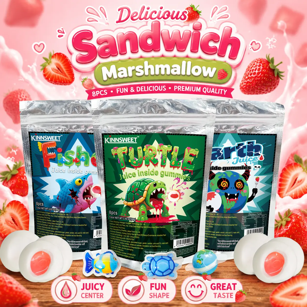 Cute Turtle, Shark & Earth Shape Marshmallow Candy, Strawberry Jam Filled Soft Chewy Marshmallows, Fun Kids Snack Treats for Parties, Candy Buffet, Treat Bags, Birthday Favors & Holiday Gifts