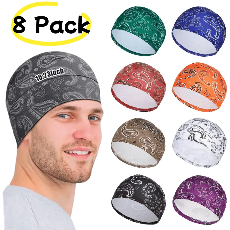 Unisex 8-Pack Polyester Cooling Wicking Skull Caps - Moisture-Wicking Hard Helmet Liners, Beanie Headbands, Head Wraps for Helmet Use, Cycling