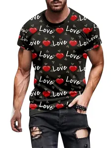 Men's Fashion Print Valentine's Style Crop Top Tee, Casual Fitted Cartoon Pattern Shirt, All Seasons Clothing
