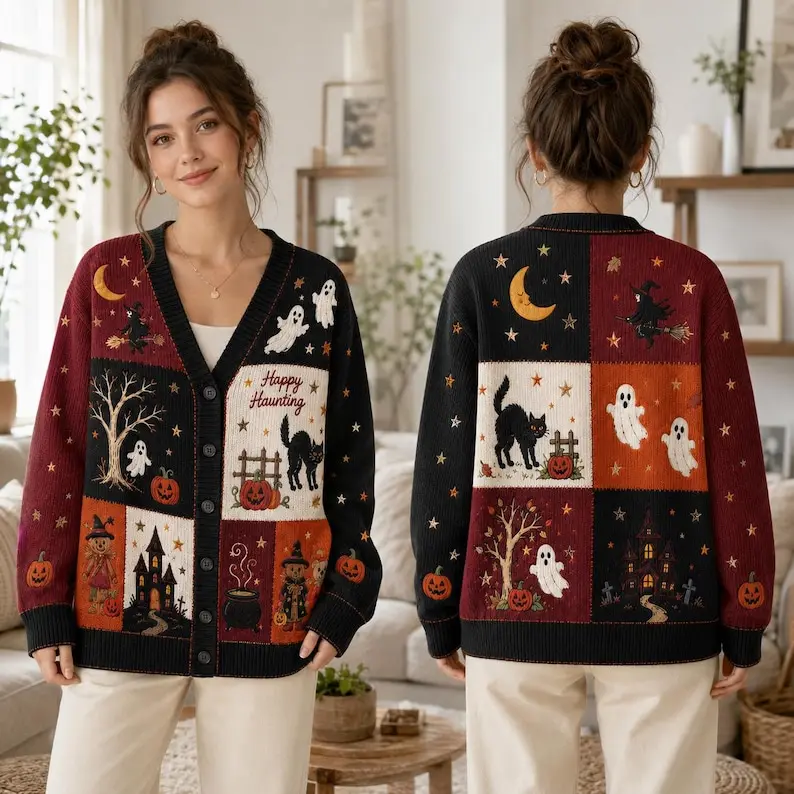 Halloween Knitted Cardigan, Witch Ghost Pumpkin Sweater, Spooky Season Knit Cardigan, Cute Fall Cardigan for Women, Cozy Autumn Gift CharmGraphic Studio