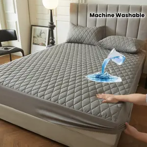 Waterproof Mattress Protector Full Coverage Bed Sheet Non-Slip Machine Washable Gray Solid Color Soft Texture Sonic Splicing Easy Clean