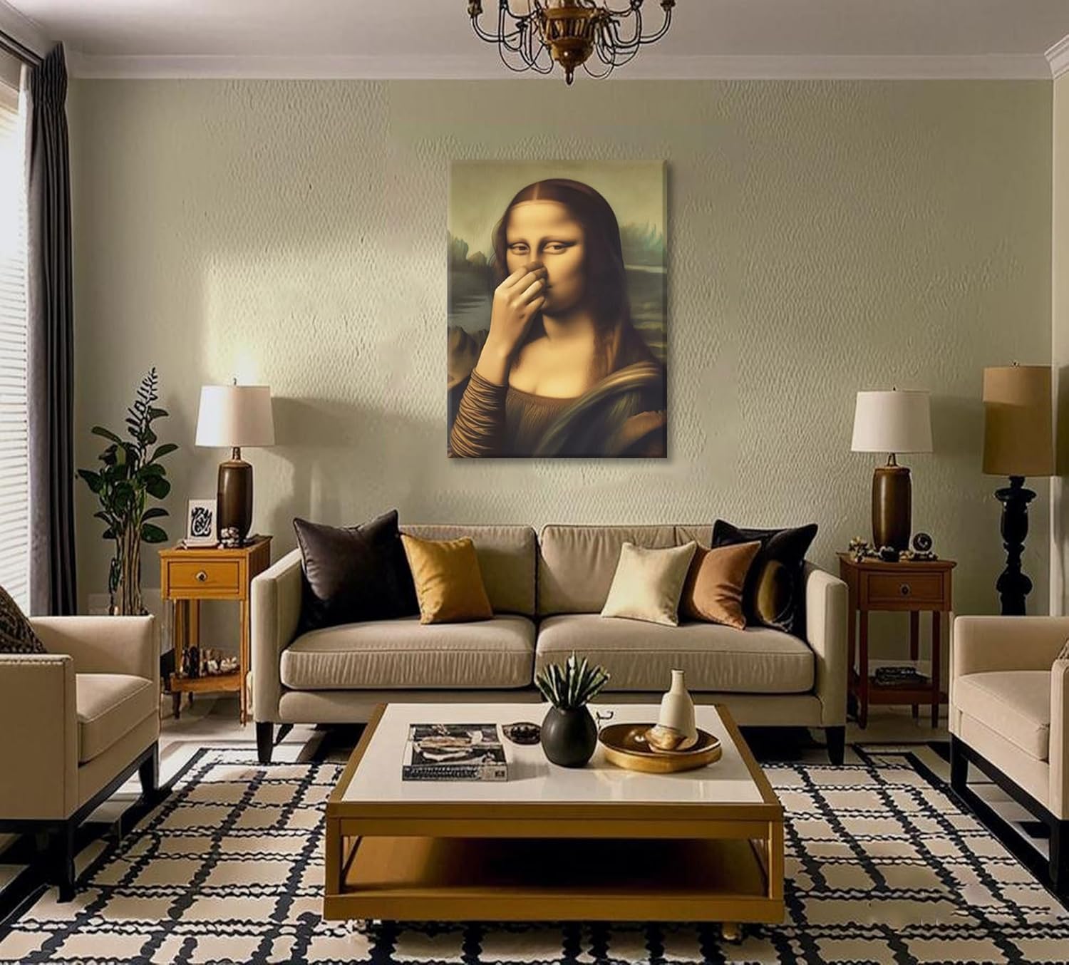 Funny Mona Lisa Bathroom Canvas Wall Art Pinching Nose Wall Decor Mona Lisa Classical Painting Picture Humor Amusing Toilet Art Vintage Whimsical Poster Print for Bathroom Home Decoration