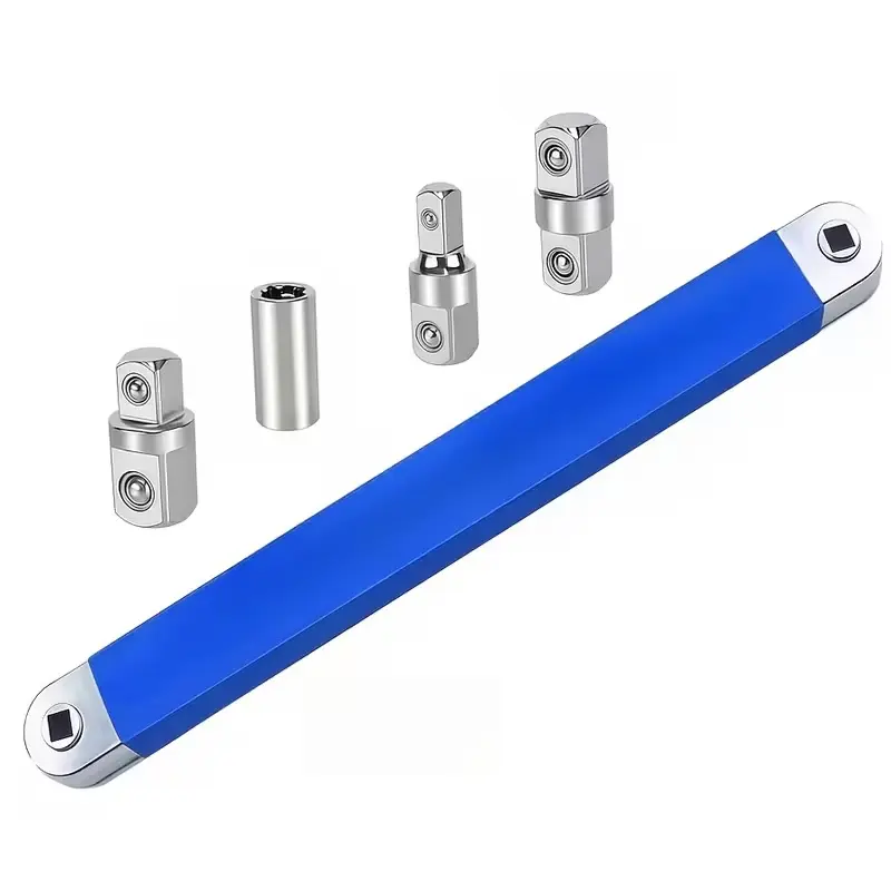 Versatile Ratchet Offset Extension Wrench That Features 1/2", 1/4", And 3/8" Square Head Adapters. It'S Designed for Tight Spaces, Allows for 180-Degree Rotation, Offers High Torque, Has an Anti-Slip Handle, Is Adjustable