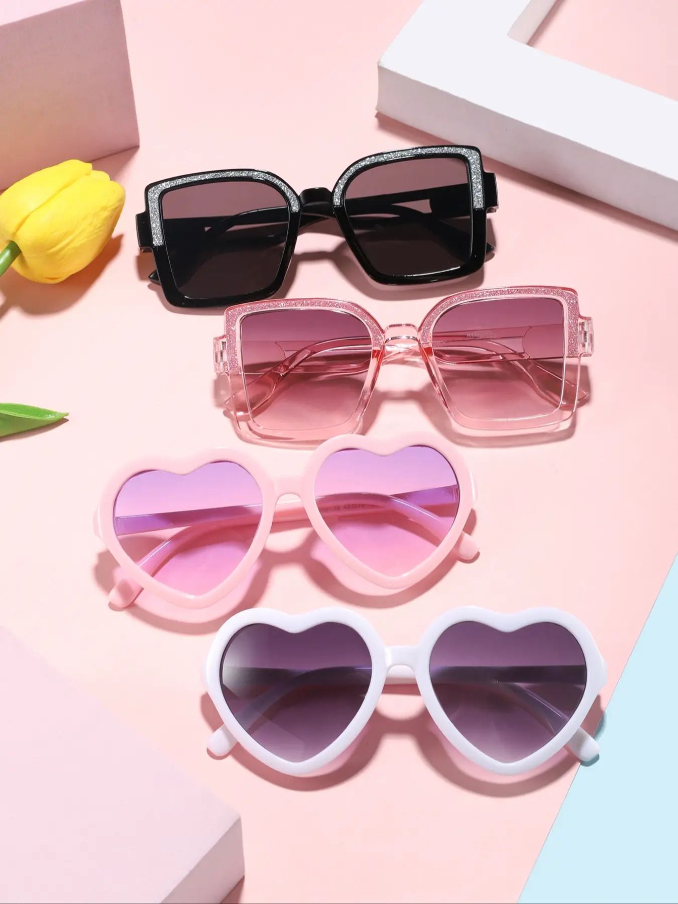 Kids High-Quality Cute Candy Color Sparkle Square Frame Sunglasses, Sweet Heart Design, UV Protection, Durable PC Frame, Perfect Birthday Gift