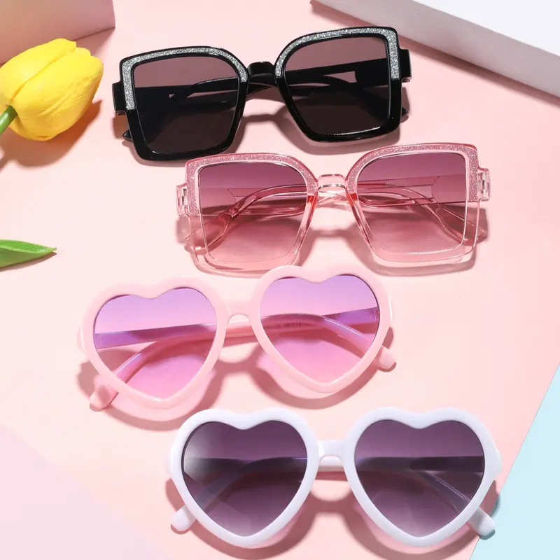 Kids High-Quality Candy Color Sparkle Square Frame Sunglasses, Sweet Heart Design, UV Protection, Durable PC Frame, Perfect Birthday Gift, Eyewear