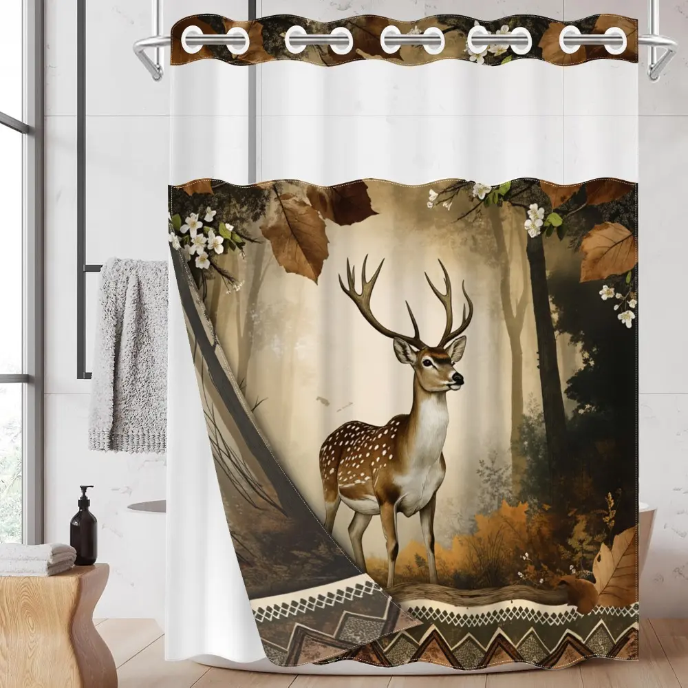 1pc hookless shower curtain with buckle lining, autumn brown deer and forest leaf design, 2D flat printing, fabric waterproof lining, see-through double-layer shower curtain, 71 x 74 inches, modern home draping curtain, Bathroom Decor