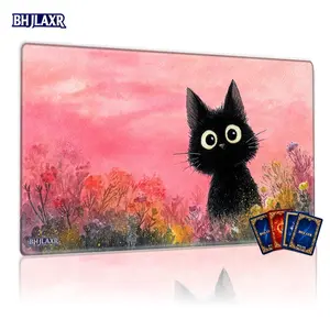 Whimsical Watercolor Black Cat Colorful Flowers TCG MTG Playmat Gaming Mouse Pad - 12x24inch Non-Slip, Perfect for Card Game Enthusiasts Family Gathering Gift with Soft Fluid Brushstrokes