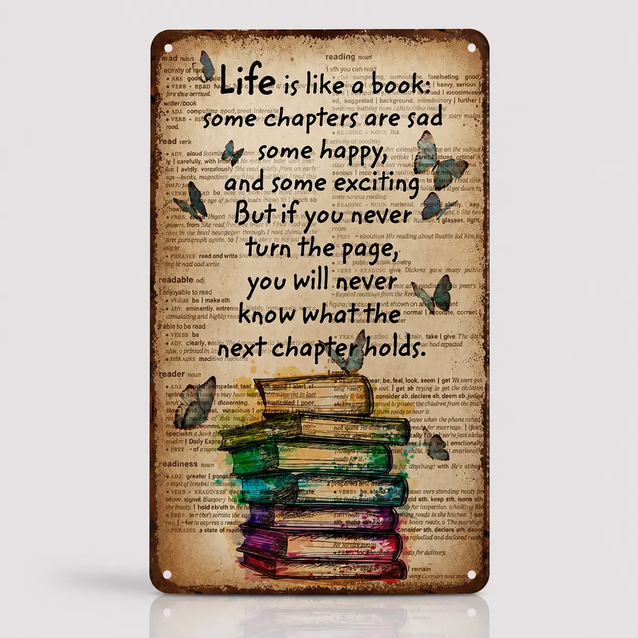 Vintage Metal "Life Is Like A Book" Quote Tin Wall Art Plaque, Rustic Farmhouse Retro Artistic Home Accessory, Living Room-Home Office Decor Sign, Book Lover Gift