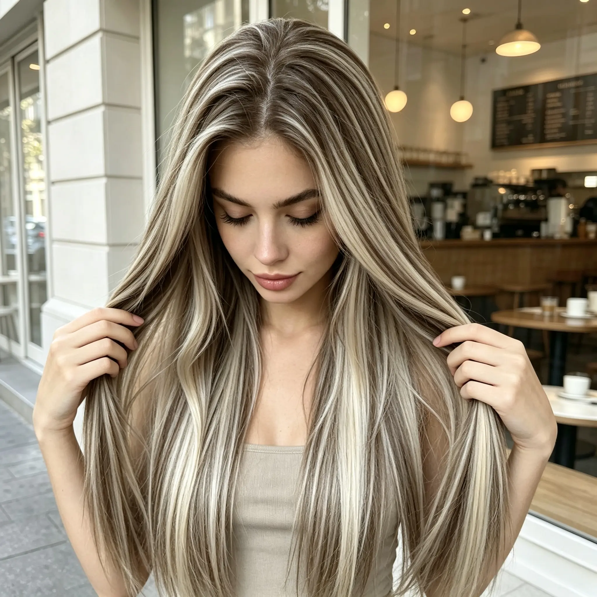 Women's Silky Straight Glueless Synthetic Lace Front Wig - Brown Base with Silver Platinum Highlights, Transparent Natural Hairline, Heat-Resistant for Daily & Party Use, Cosplay