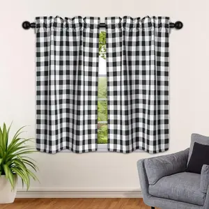 SEEYE Farmhouse Kitchen Curtains Buffalo Plaid - Tiers Curtains for Windows Light Filtering Rod Pocket Thermal Insulated or Home Bedroom Cafe Decor Window Treatments, 27” W x 36/24” H-2 Pcs, Black