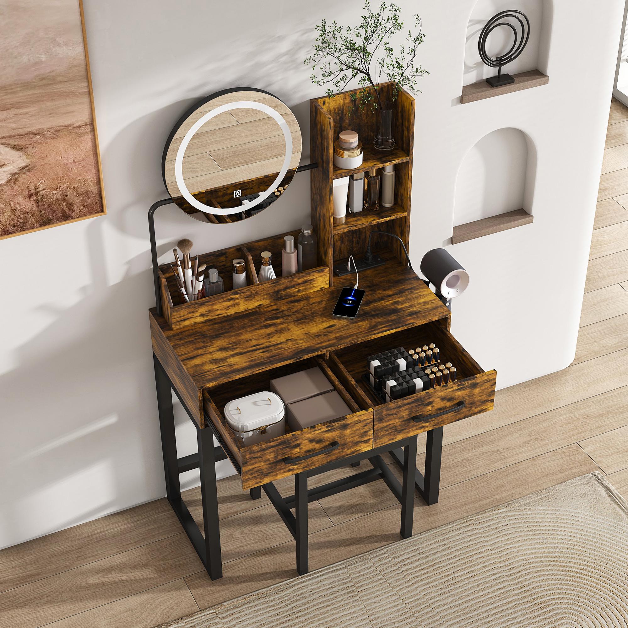 Small Makeup Vanity Desk with Large Mirror and Lights, Vanity Table with 2 Storage Drawer & Open Shelves, 3 Lighting Colors,LED Mirror Adjustable Brightness Brown Makeup Vanity