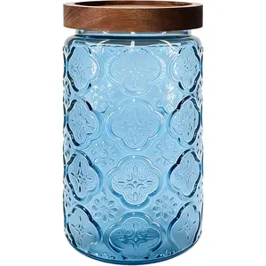 Glass Jar with Airtight Wood Lid – 34 OZ Kitchen Bathroom Pantry Canister, Decorative Vintage Storage Container for Candy, Coffee, Cookie, Cereal, Sugar, Tea, Pet Treat, Bath Salt, Blue Begonia