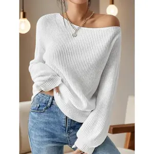 Women's Minimalist Solid Drop Shoulder Knit Top, Regular Fit Lady Basic Casual Fall Womenswear  Knitting Jumper, Asymmetrical Sweaters for Women, Women's Longsleeves Knitwear for Daily Wear,  Loose Casual Jumper, Lightweight Knit Sweater