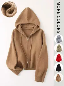 Women's Casual Knit Ribbed Hoodie Jacket with Zipper, Solid Earth Tone, Loose-Fitting for Fall & Winter, Versatile Outerwear & Layering