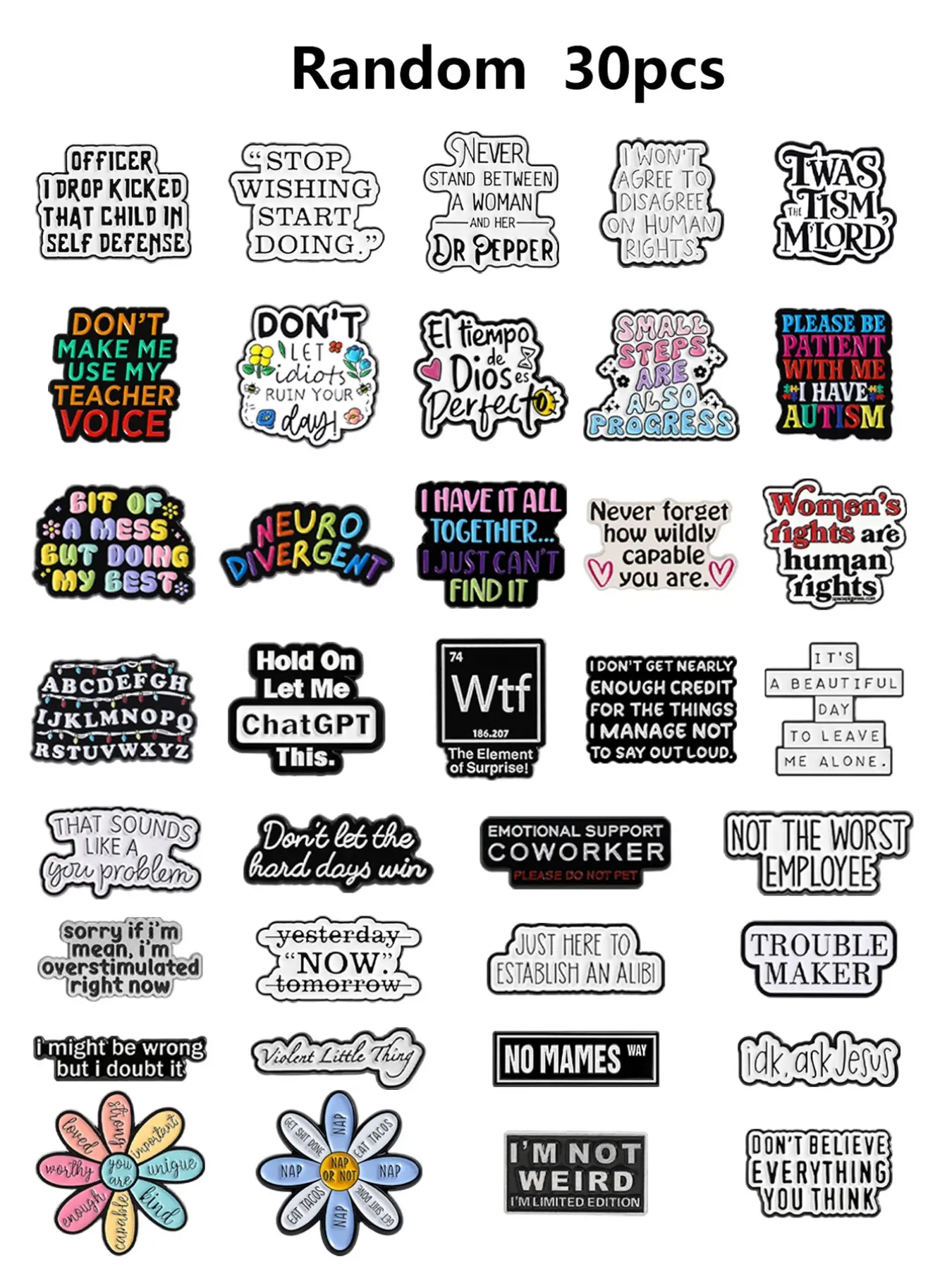30 Random Fun Quote Brooches Enamel Badges, Flower Brooch, Lapel Brooch, Floral Brooch, Brooch Clip, Fashion Accessory, Humorous Sayings Pins for Backpacks, Collars, Hats, Gifts for Friends, Office, Parties