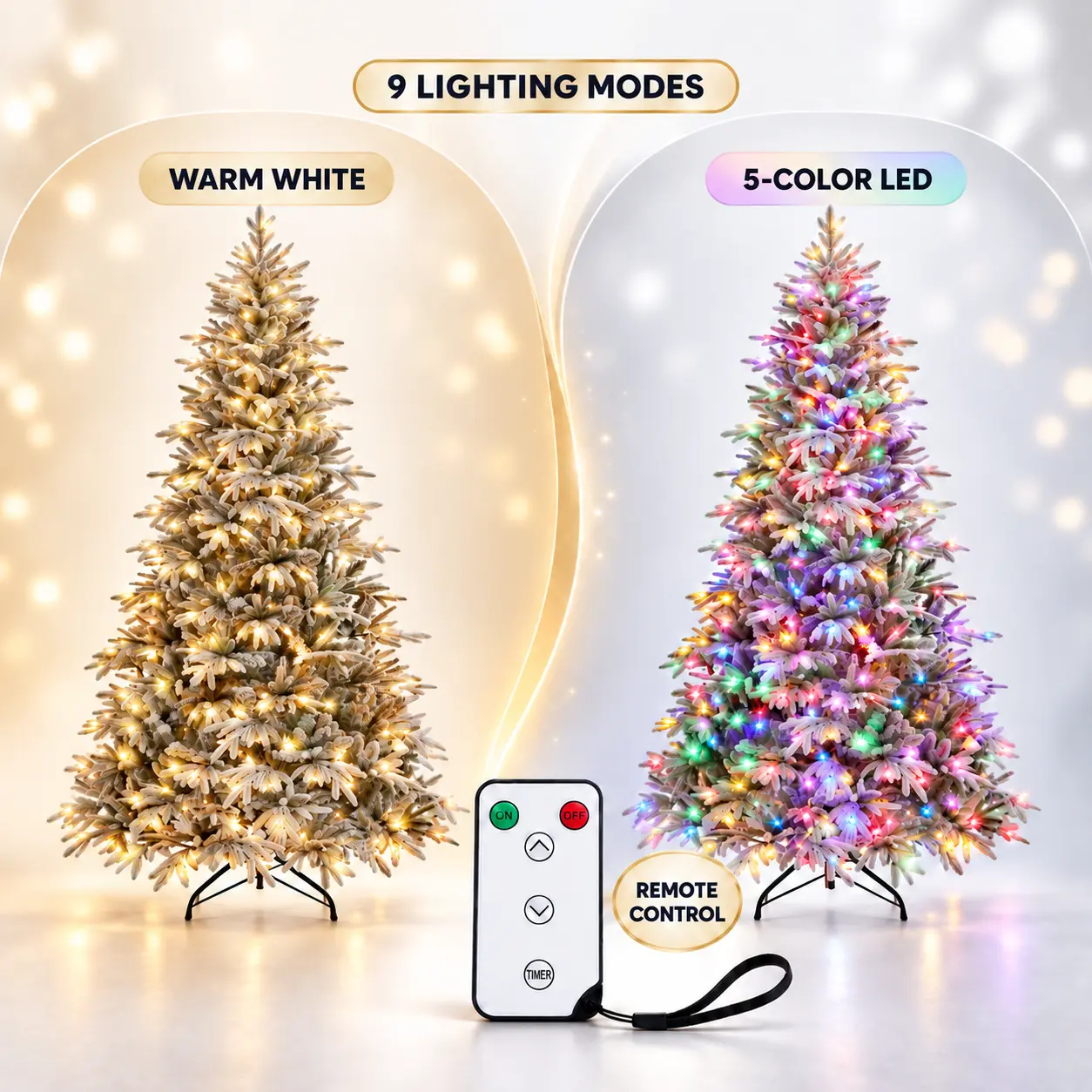 【Multicolored LED Lights& Remote】Yaheetech 2026 Upgrade Flocked Christmas Tree with 2136 Realistic PE/PVC Tips, 450 LEDs & 9 Light Modes, Full Layered Viral Pre-Lit Tree with Hinged Branches, Foldable Metal Stand for Home, Office & Holiday Décor