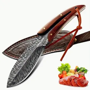 Small feather fruit knife handheld meat cutting high hardness small straight knife portable field kitchen knife outdoor Damascus pattern Multicolor