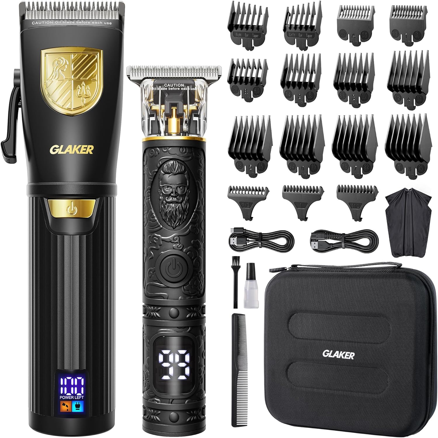 GLAKER Cordless Hair Clipper Kit – Hair Trimmer for Men, Sharp Blades, LED Display, 15 Guide Combs, Travel Case, and Sto
