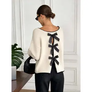 Elegant women’s long-sleeve sweater with a shoulder bow and a back bow design, suitable for autumn, New Year, parties, graduation ceremonies, and casual wear.