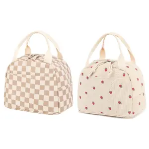 Portable Lunch Bag, 1 Count Durable Corduroy Insulated Lunch Bag with Handle, Lunch Box Bag for Work, School, Outdoor Camping, Travel, Lunch Bags Women