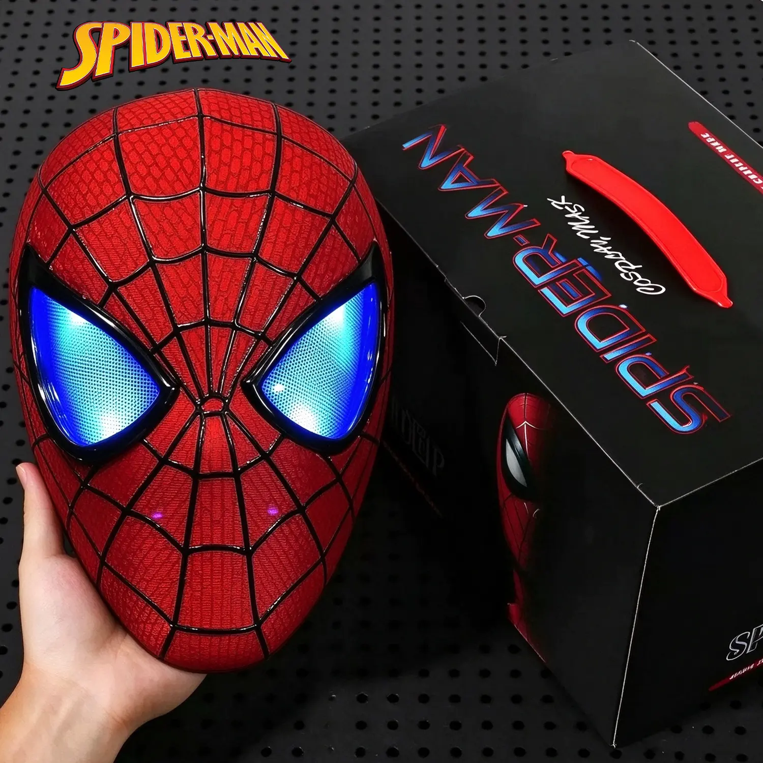 Marvel Spider-Man LED Mask for Adults, Remote Control Light-Up Eyes, Adjustable Fabric Fit, Full-Head Electronic Cosplay Mask for Halloween & Costume Parties