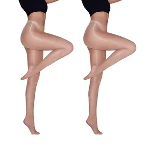 Oily Effect Shiny Pantyhose for Women 2-Pack, Reflective Sheer Tights with High Waist Control Top, Comfortable Elastic Fit for Parties & Everyday Wear nude