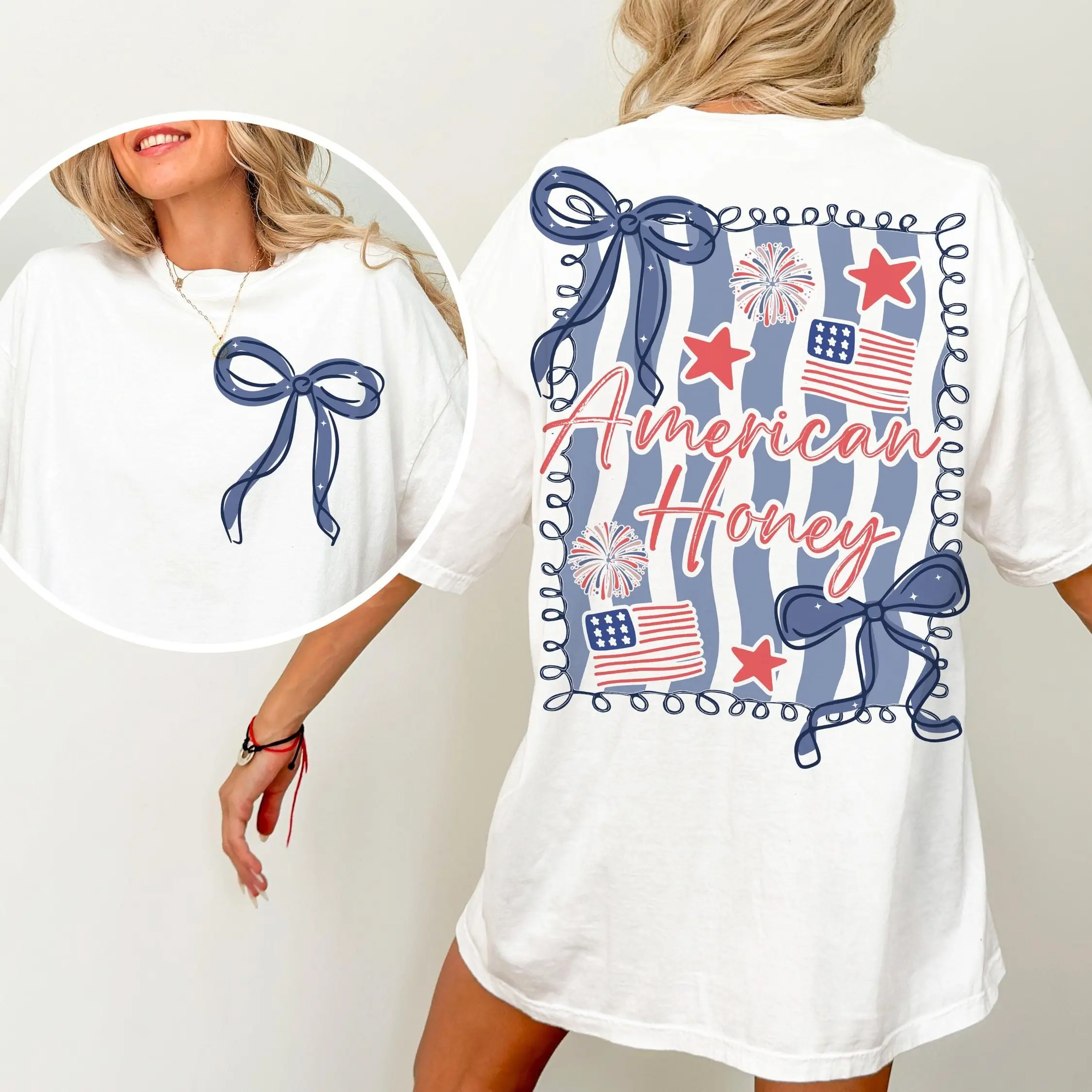 Women's Fleece Round Neck T-Shirt - Everyday Apparel, Girly Vintage USA Memorial Day 4th of July Top, Land of the Free Merica Unisex Outfit