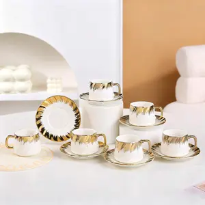 Cappuccino Cups with Saucers, 3.4 oz/100ml Porcelain Double Espresso Cups Set, Ceramic Turkish Coffee Cups, Tea Cups Set of 6, Cafe Cups for Latte, Mocha, Au Lait, White