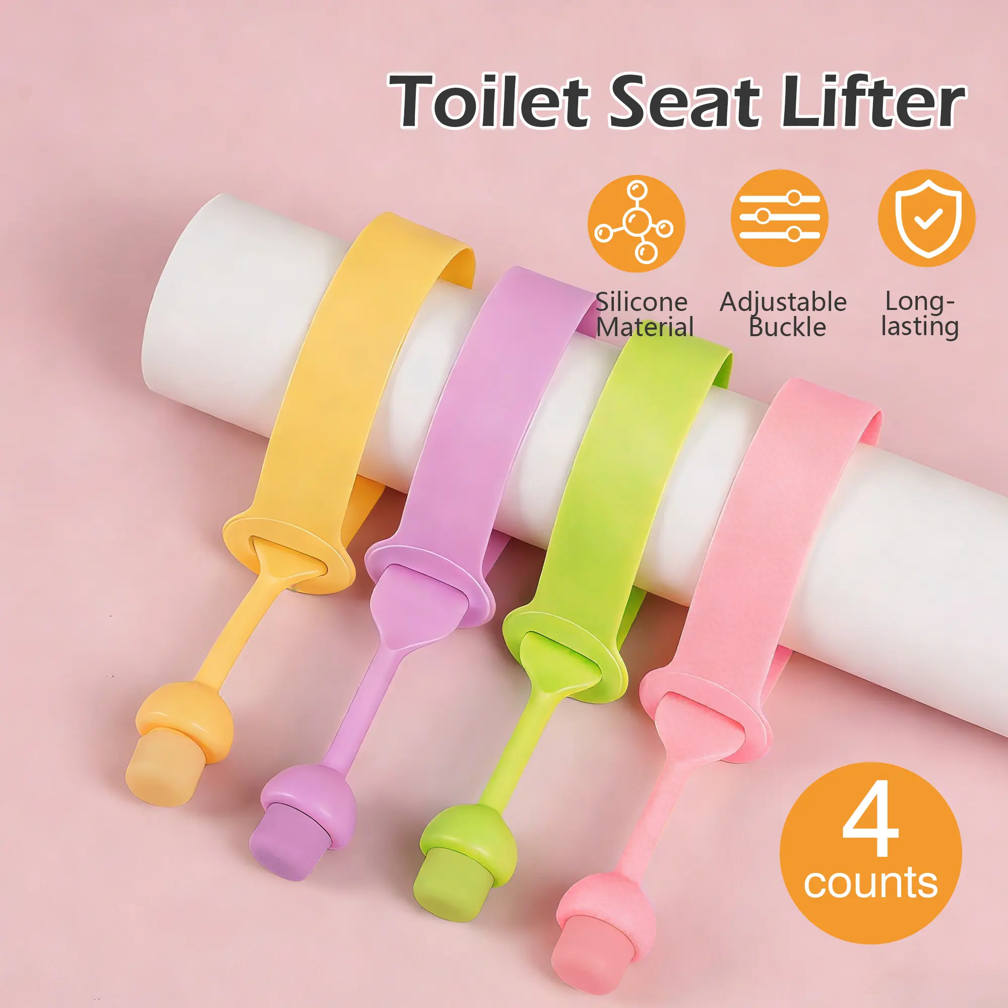 Colorful Silicone Toilet Seat Handle Set - 4-Count Assorted Colors Accessory, Adjustable Home Supply for Bathrooms/Offices, Easy Installation for Hotel Replacement, Open Toilet Lid with 1 Simple Pull, Assorted Colors Match Your Decor