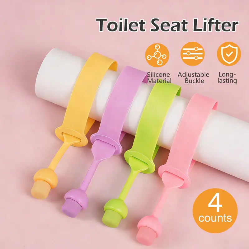 4-Count Solid Colorful Silicone Toilet Seat Handles, Home Goods Bathroom Accessory, Adjustable, Easy Installation, 1-Pull Lid Opening, Hands-Clean, Durable for Home/Hotel/Office Daily Use