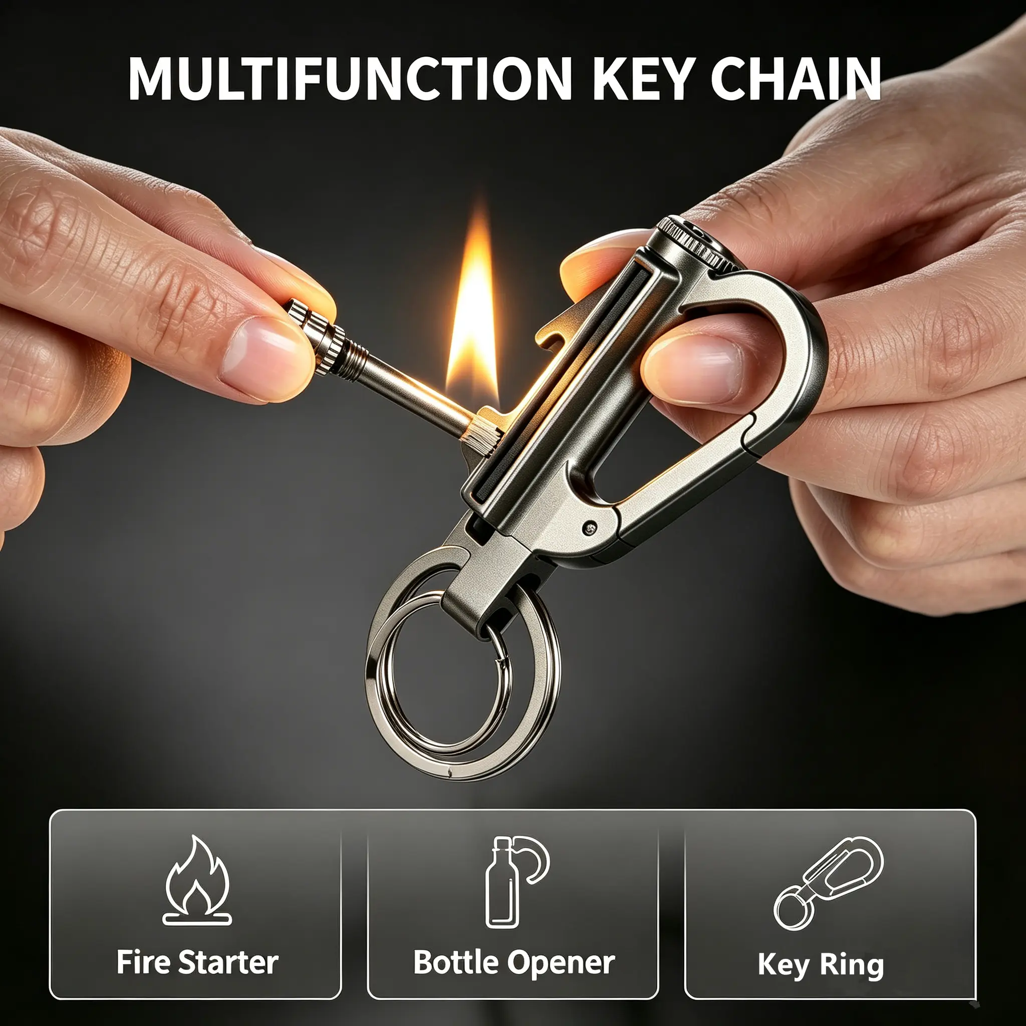 No Fuel Included 3 in 1 Multifunctional Keychain, Reusable Flint Lighter, Bottle Opener & Key Holder, Portable EDC Gear for Camping Hiking Travel Outdoor Adventures, Mens Birthday Gift