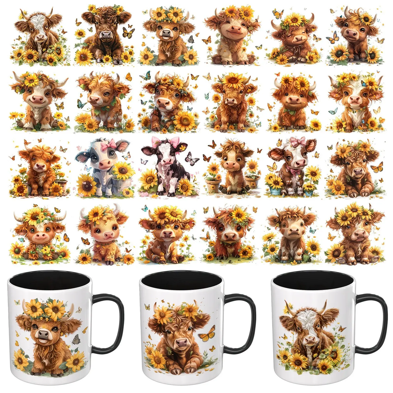 24pcs of DORSBABY Sunflower Highland Cows UV DTF Wraps | Colorful And Decorative Stickers Suitable for Mugs, Glass, And Ceramic Surfaces | Easy Application, No Heat Press Required | 2.4 Inches Square, Mug Design, Cup Stickers